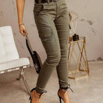 European And American Women's Trousers, Low-waisted Buttons, Solid Color Pockets