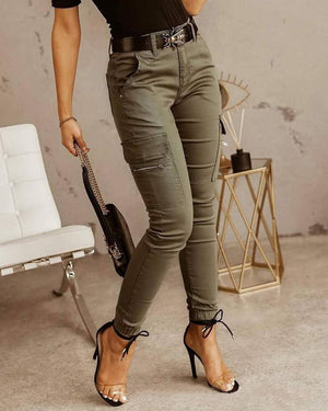 European And American Women's Trousers, Low-waisted Buttons, Solid Color Pockets